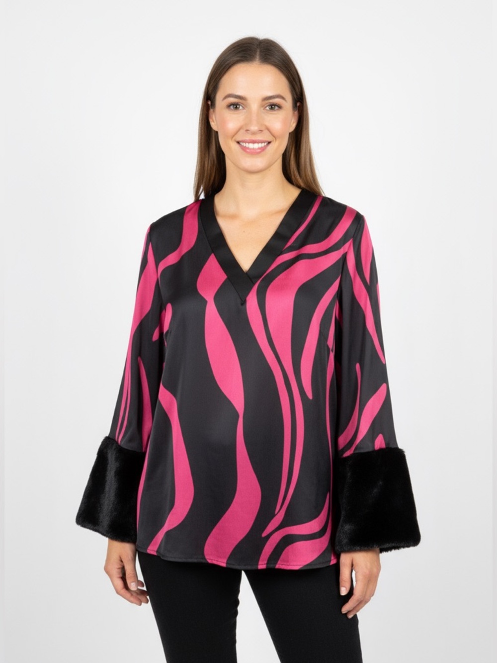 Fuchsia & Black V-Neck Satin Top with Faux Fur Cuffs